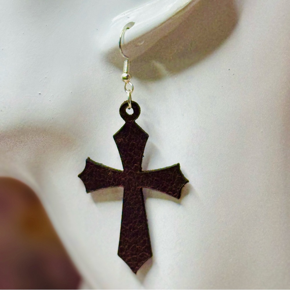 Christian cross earrings brown top grain leather hand crafted